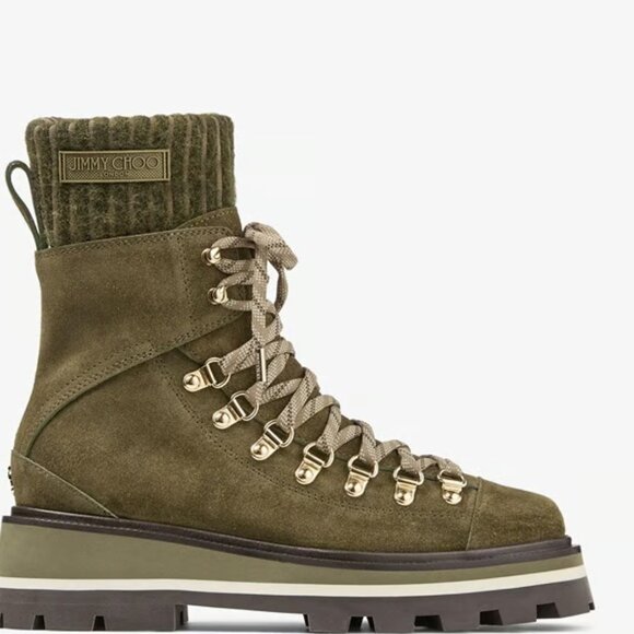 JIMMY CHOO Chike Flat Caper Green Crosta Suede Anle Boots with Knitted Sock 39 - Picture 8 of 10